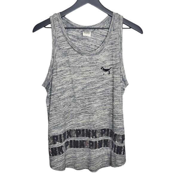 PINK Victoria's Secret Bling Sequin Grey Tank Top Logo Women's Size Medium - Picture 1 of 12
